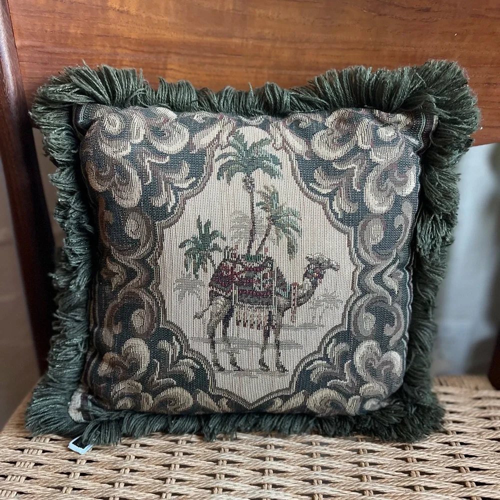 Vintage Tapestry Throw Pillow Camel & Palm Boho Global Decor Cushion